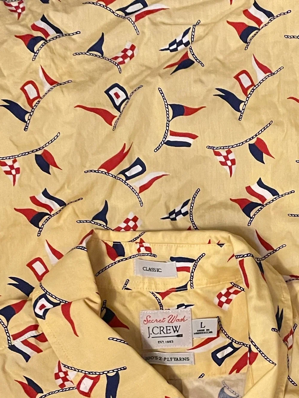 J CREW MEN SECRET WASH BUTTON DOWN Flag SHIP Short Sleeve Shirt YACHT CLUB ROPE